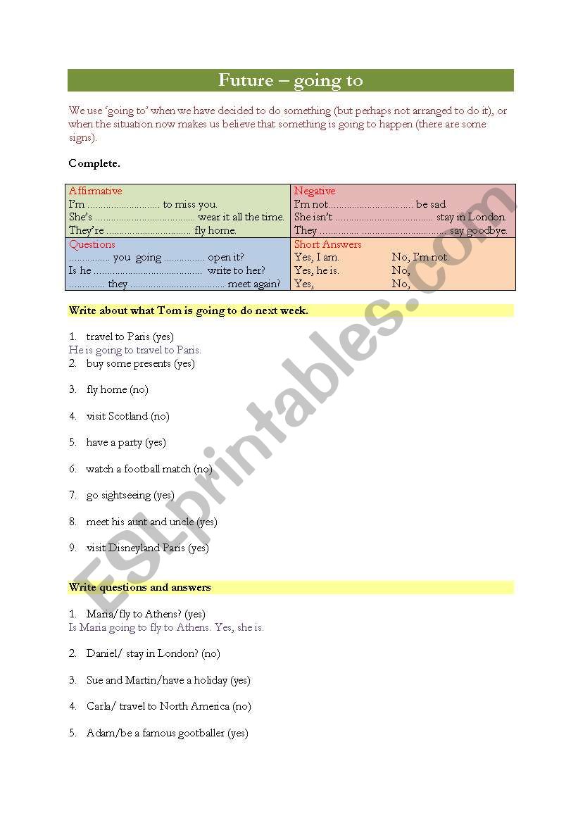 Future - going to worksheet