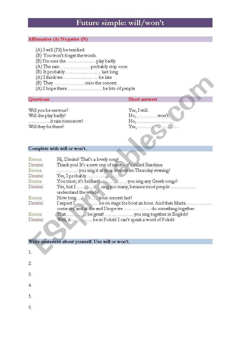 Future simple - will/wont worksheet