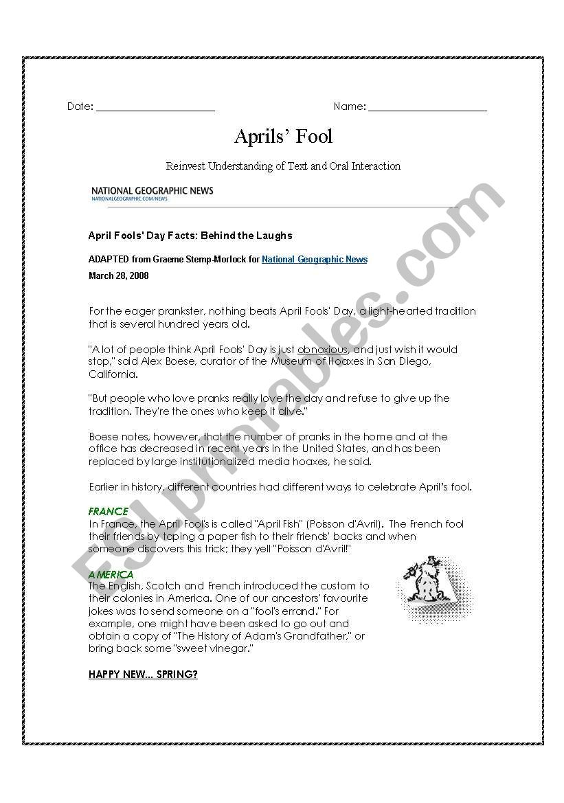 Aprils Fool activity worksheet