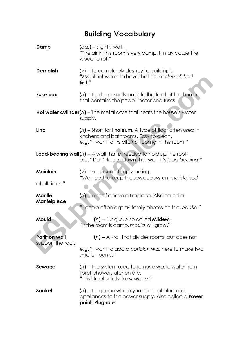 Building vocabulary worksheet