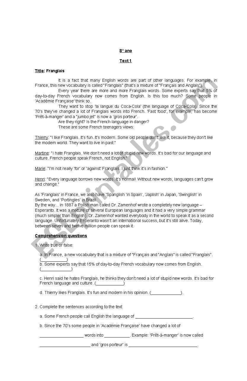 Text Comprehension worksheet