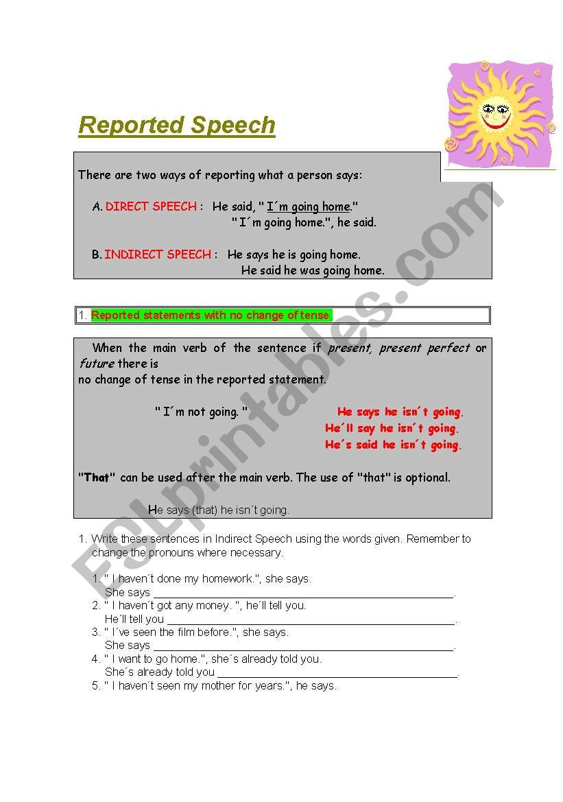 REPORTED SPEECH worksheet