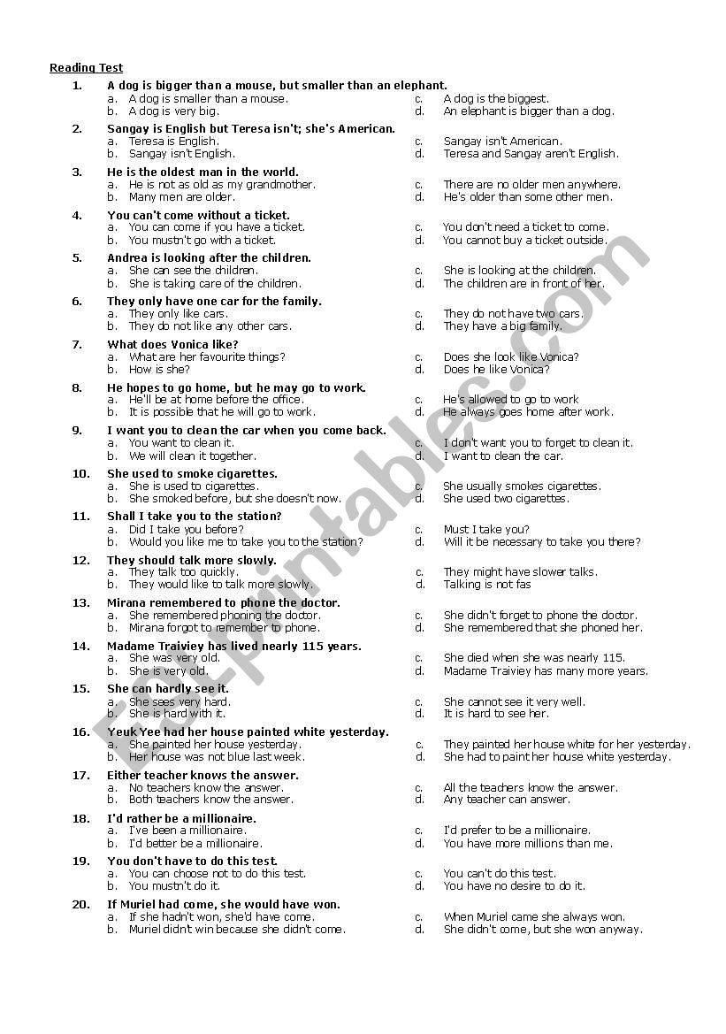 reading test worksheet