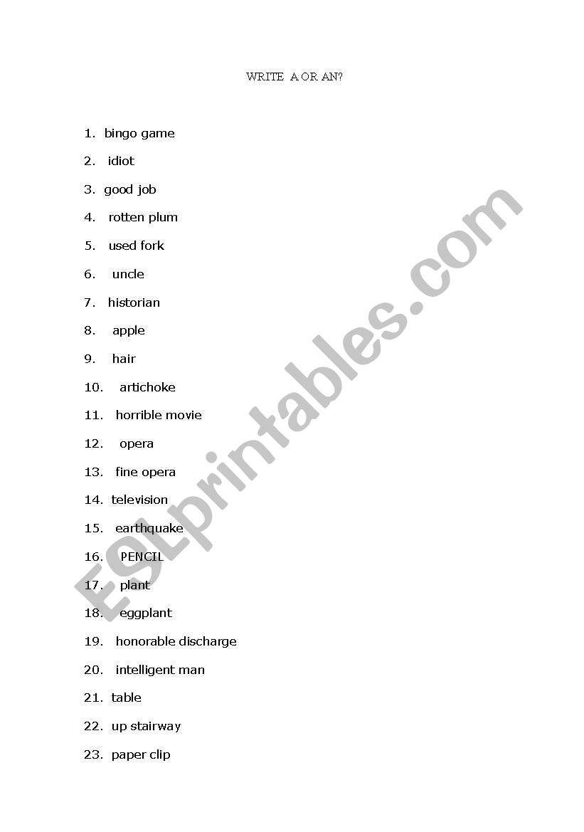 the infinite article a   /an worksheet