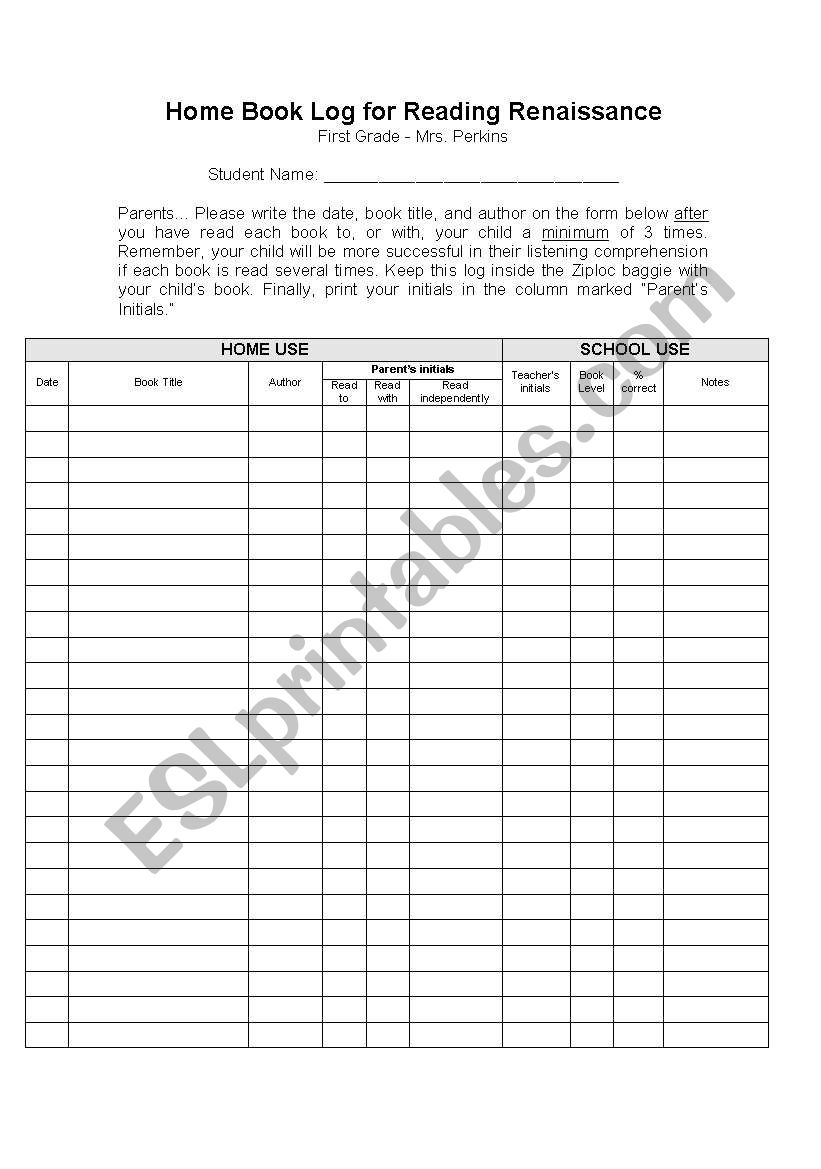 Home Book Log for Reading  worksheet