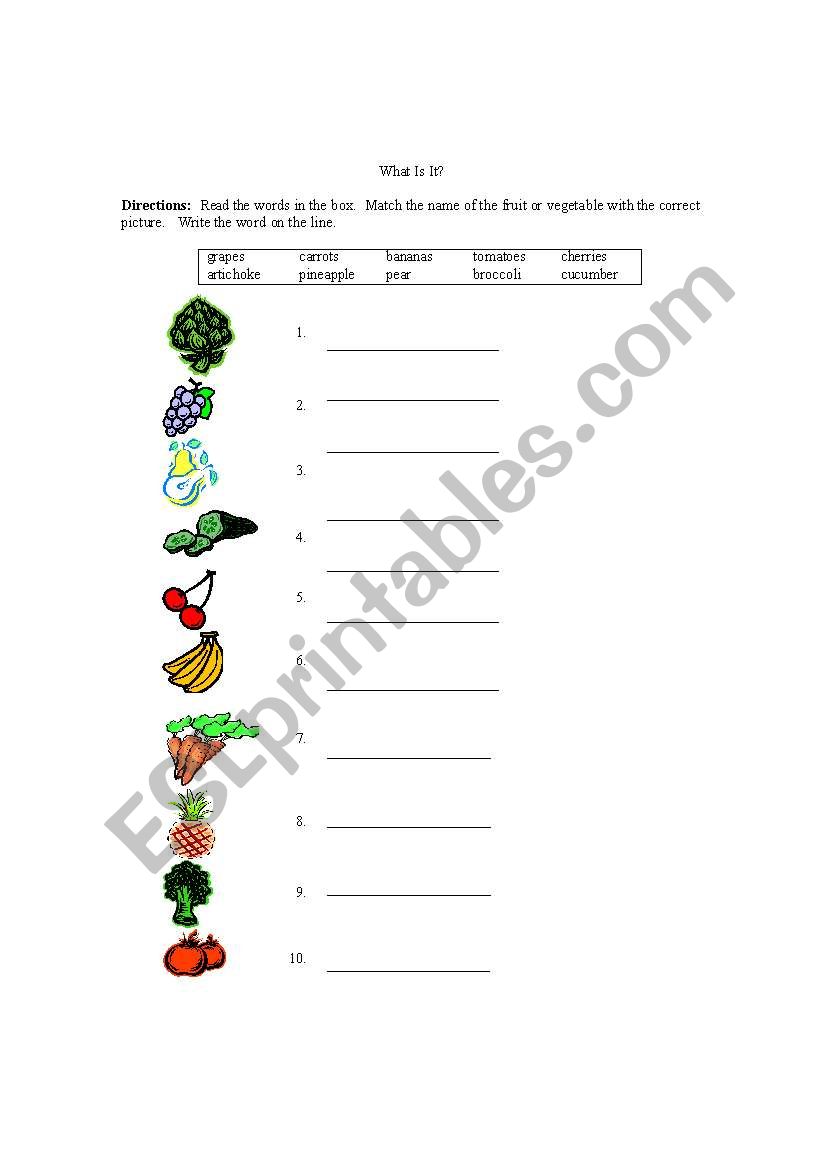 Food matching exercise worksheet