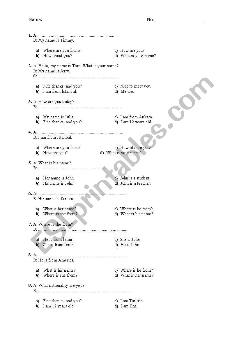 Greetings worksheet