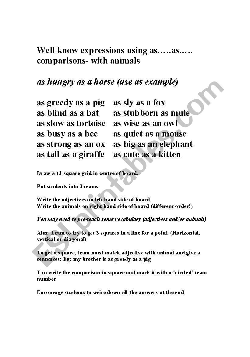 Animal similies worksheet