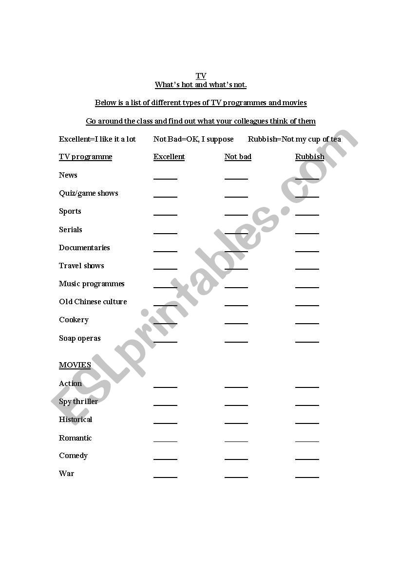 TV and Movie Poll worksheet