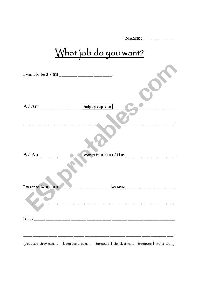 English worksheets: What job do you want? Writing guide