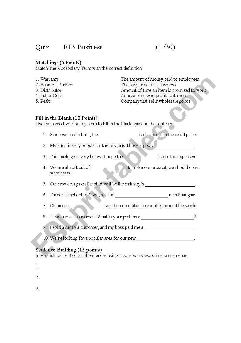 Basic Business Expressions worksheet/quiz