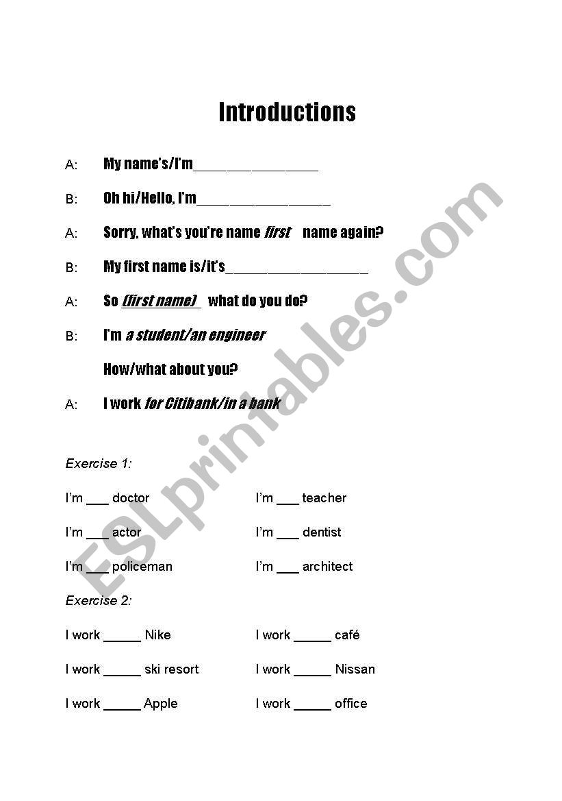Introductions worksheet
