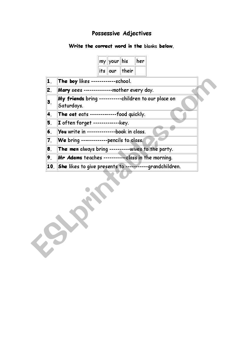 adjectives posessives worksheet