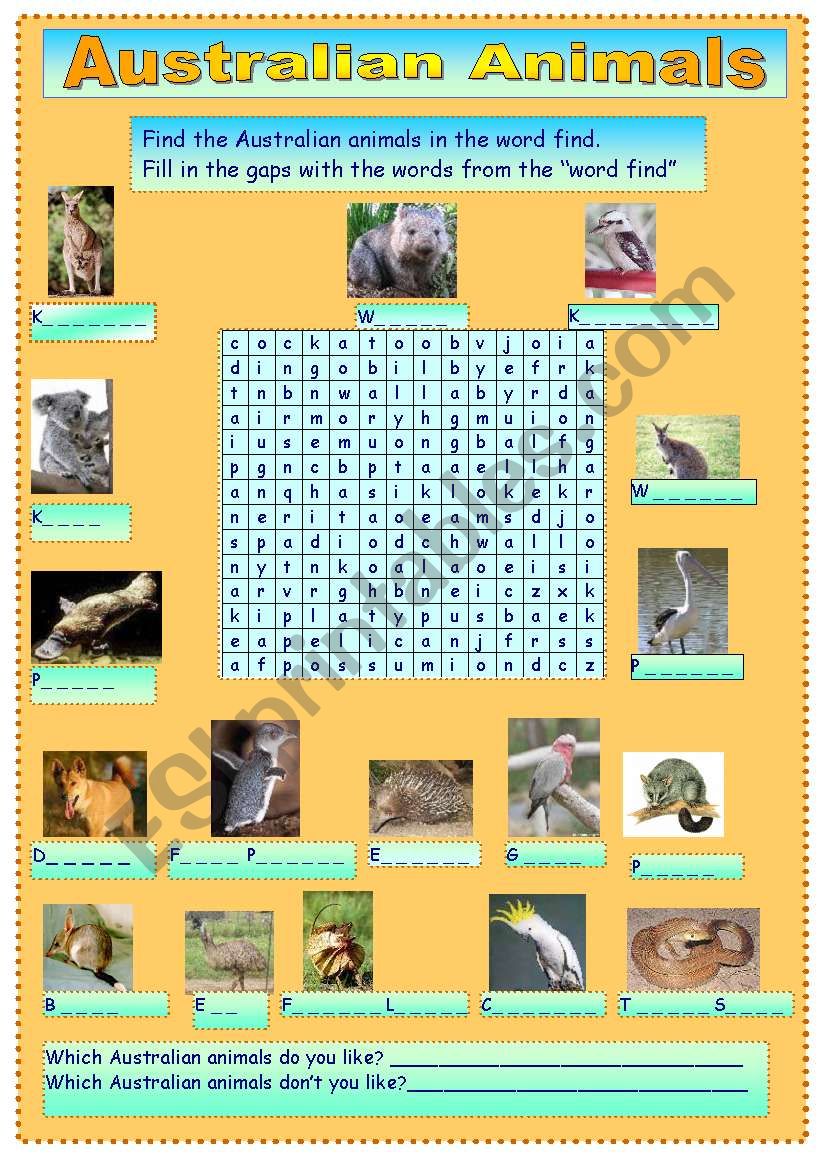 Australian animals wordfind and gap filling