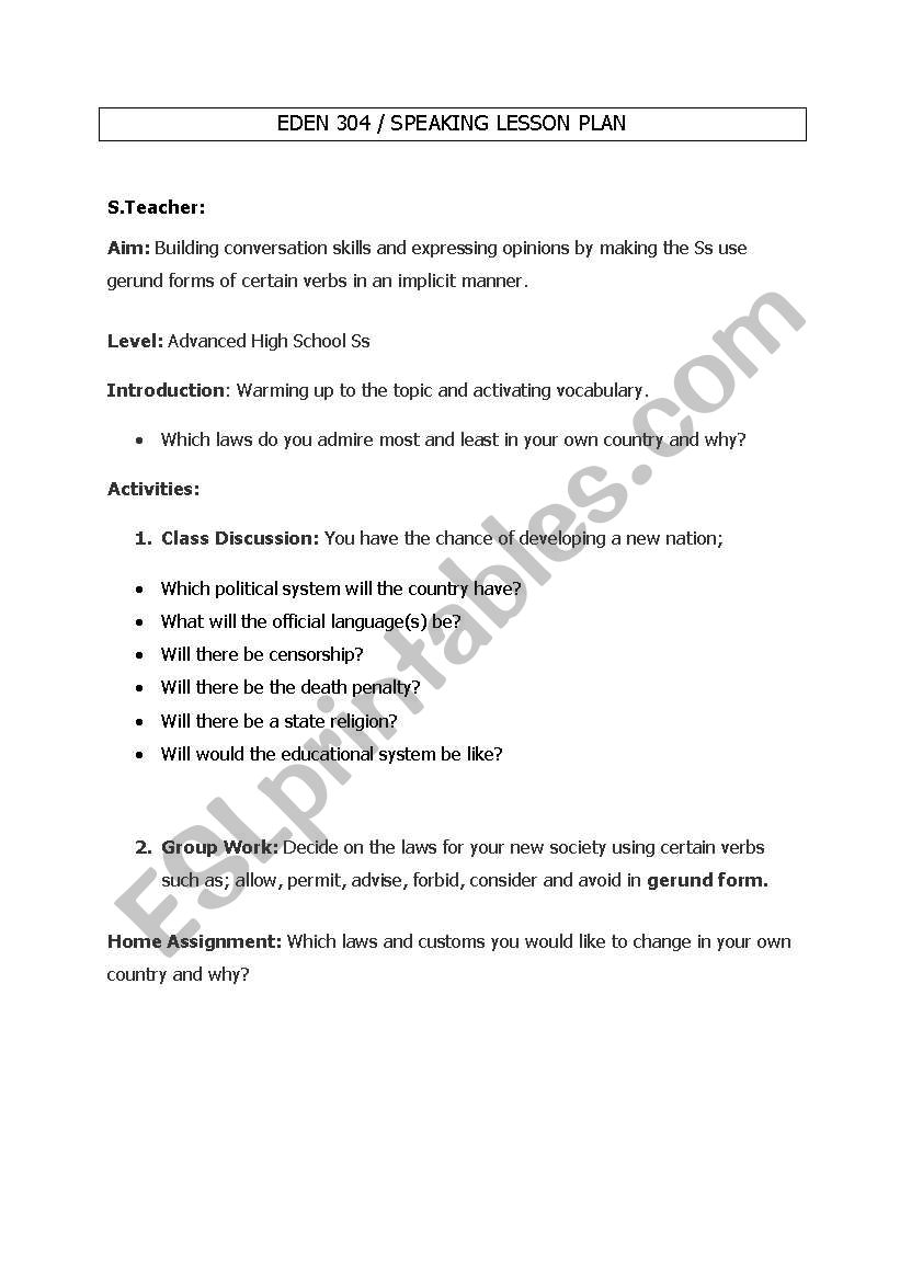 speaking lesson plan worksheet