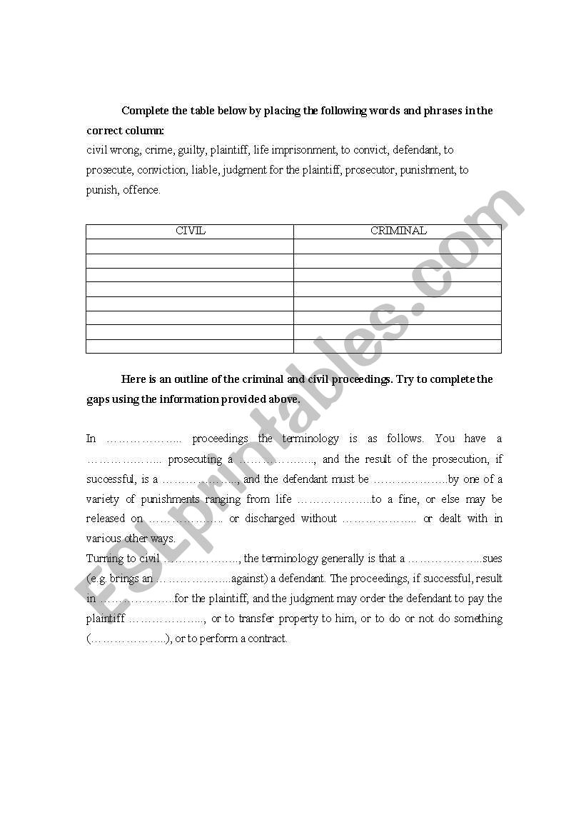 Civil vs criminal law worksheet