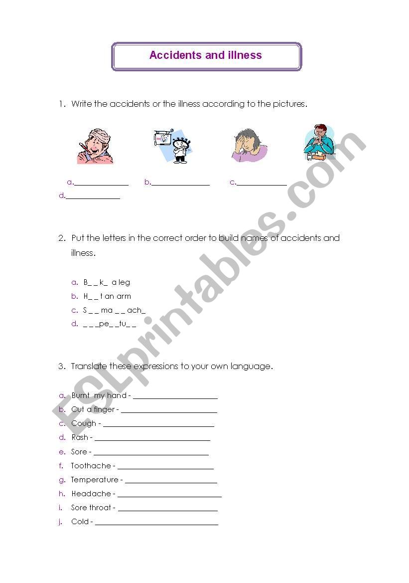 Accidents and ilness worksheet