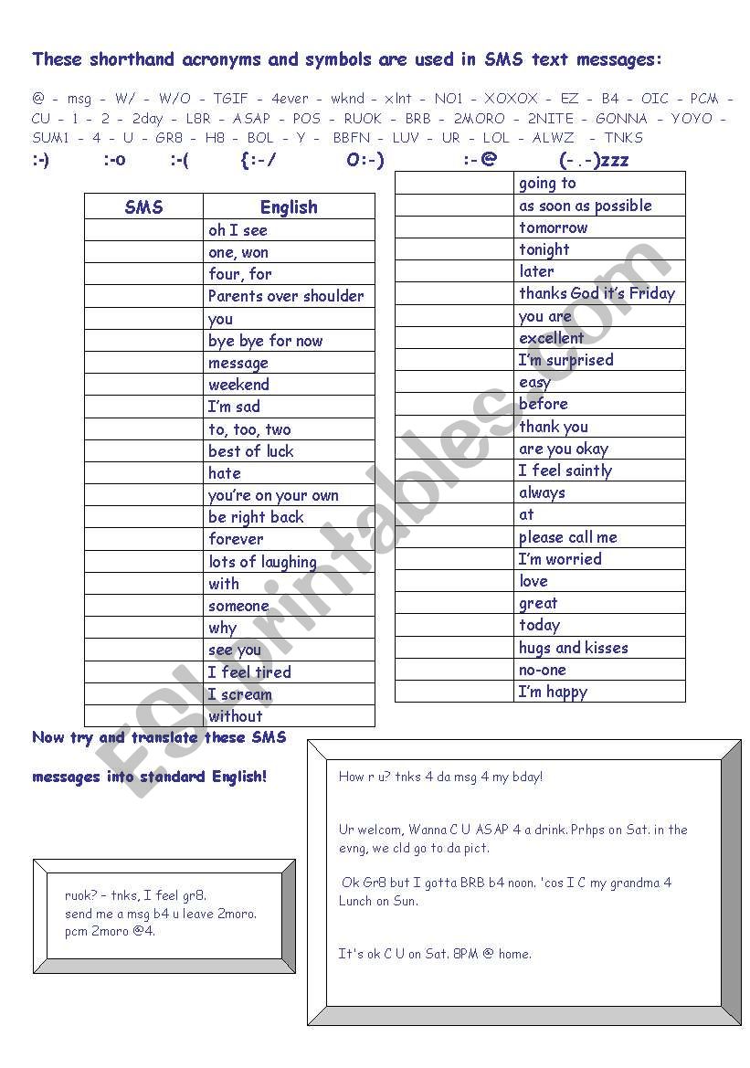 SMS language worksheet