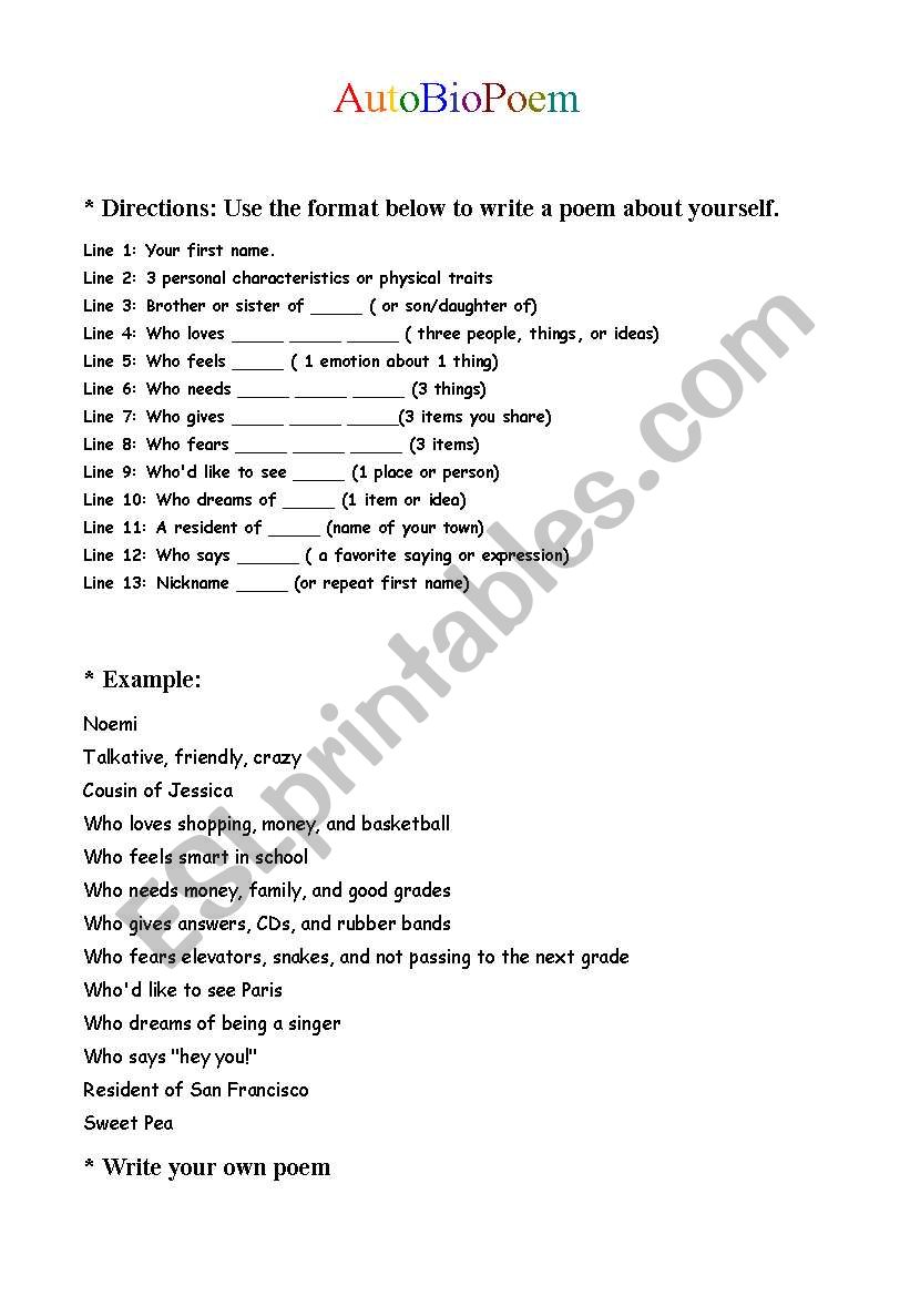 AutoBioPoem worksheet