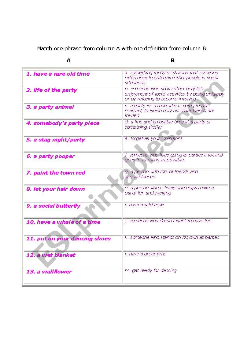 party idioms worksheet