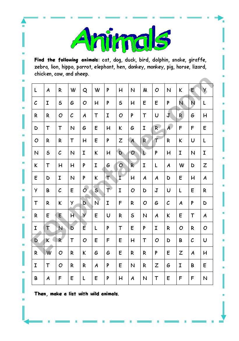 Animals wordsearch worksheet