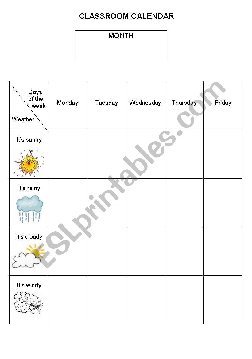Classroom weather calendar worksheet
