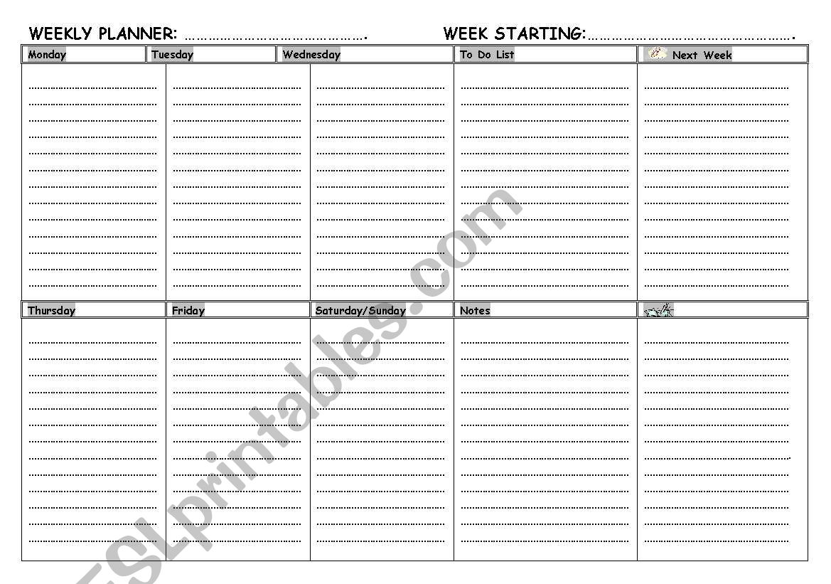 Weekly Planner- Laandscape worksheet