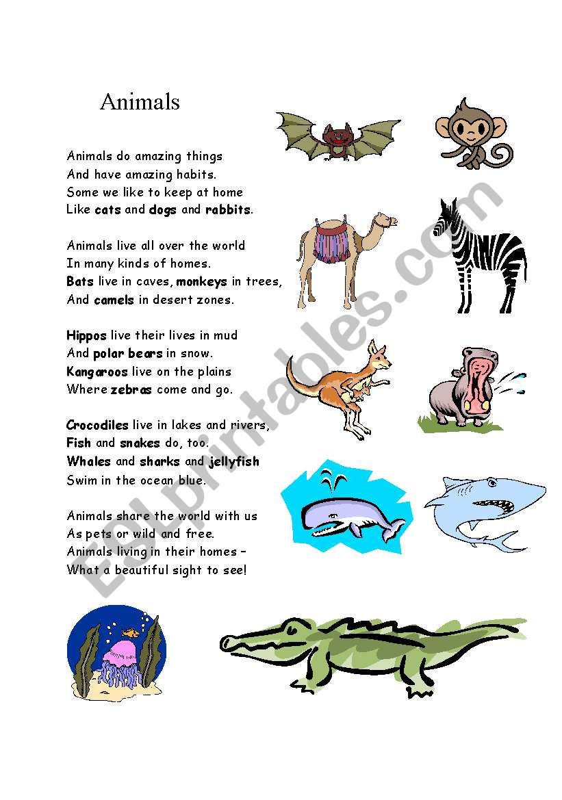 Poem about animals - ESL worksheet by kinderwelt