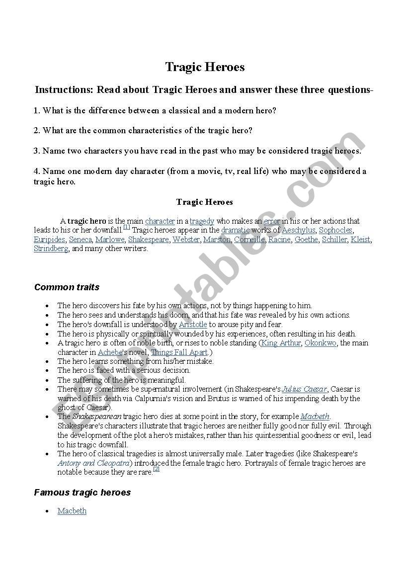 Tragic Heroes worksheet