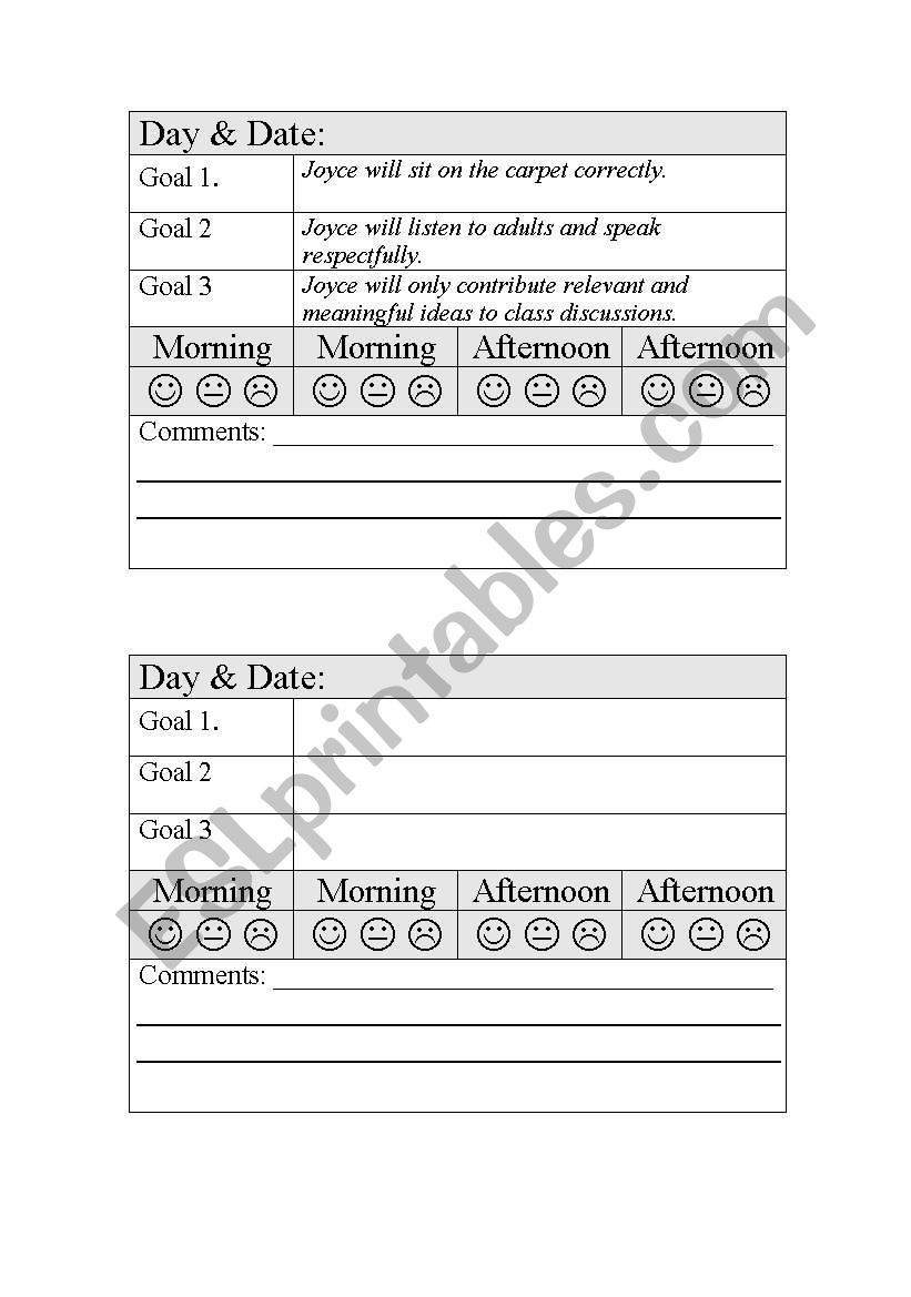 Behaviour Management Tracking Sheet