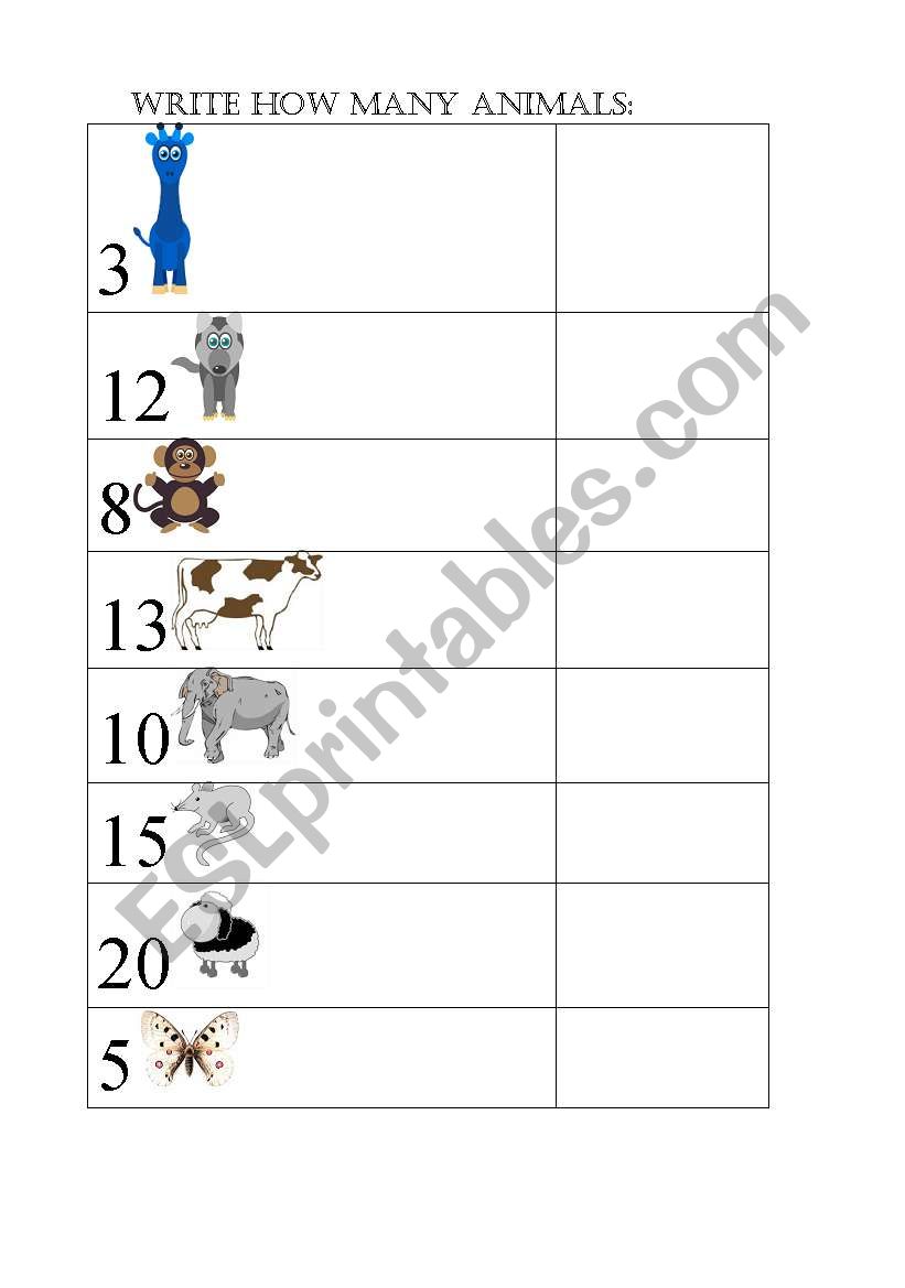 Write how many animals worksheet