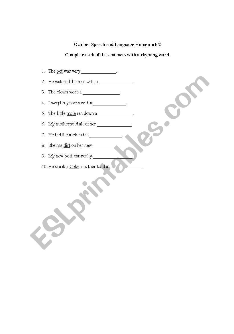 October language homework worksheet