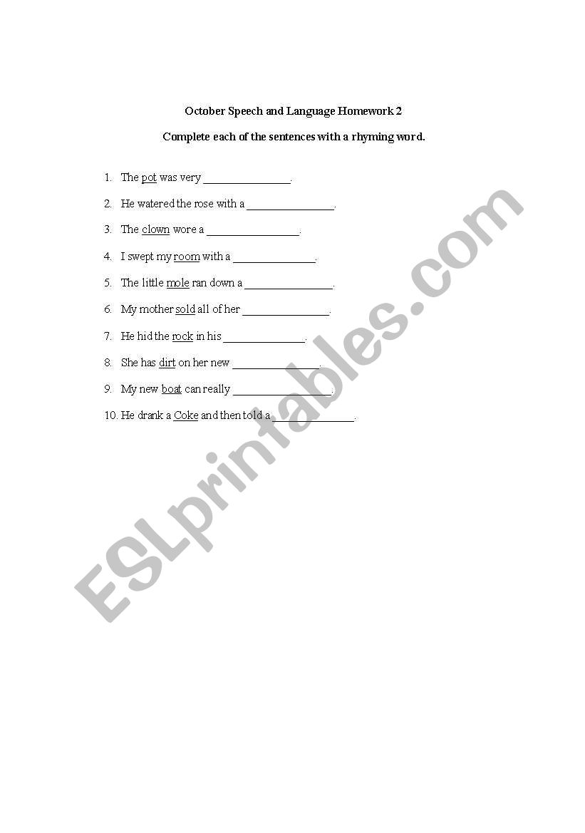 October language homework worksheet