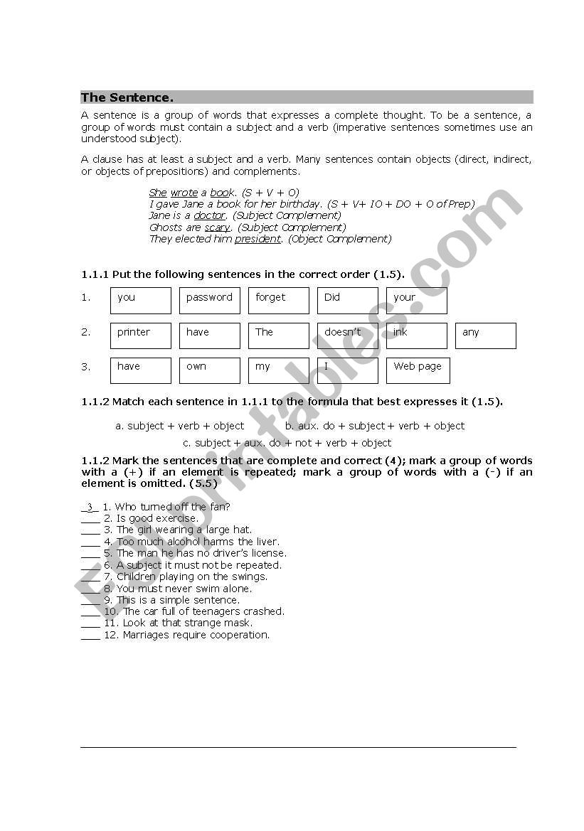 The sentence worksheet