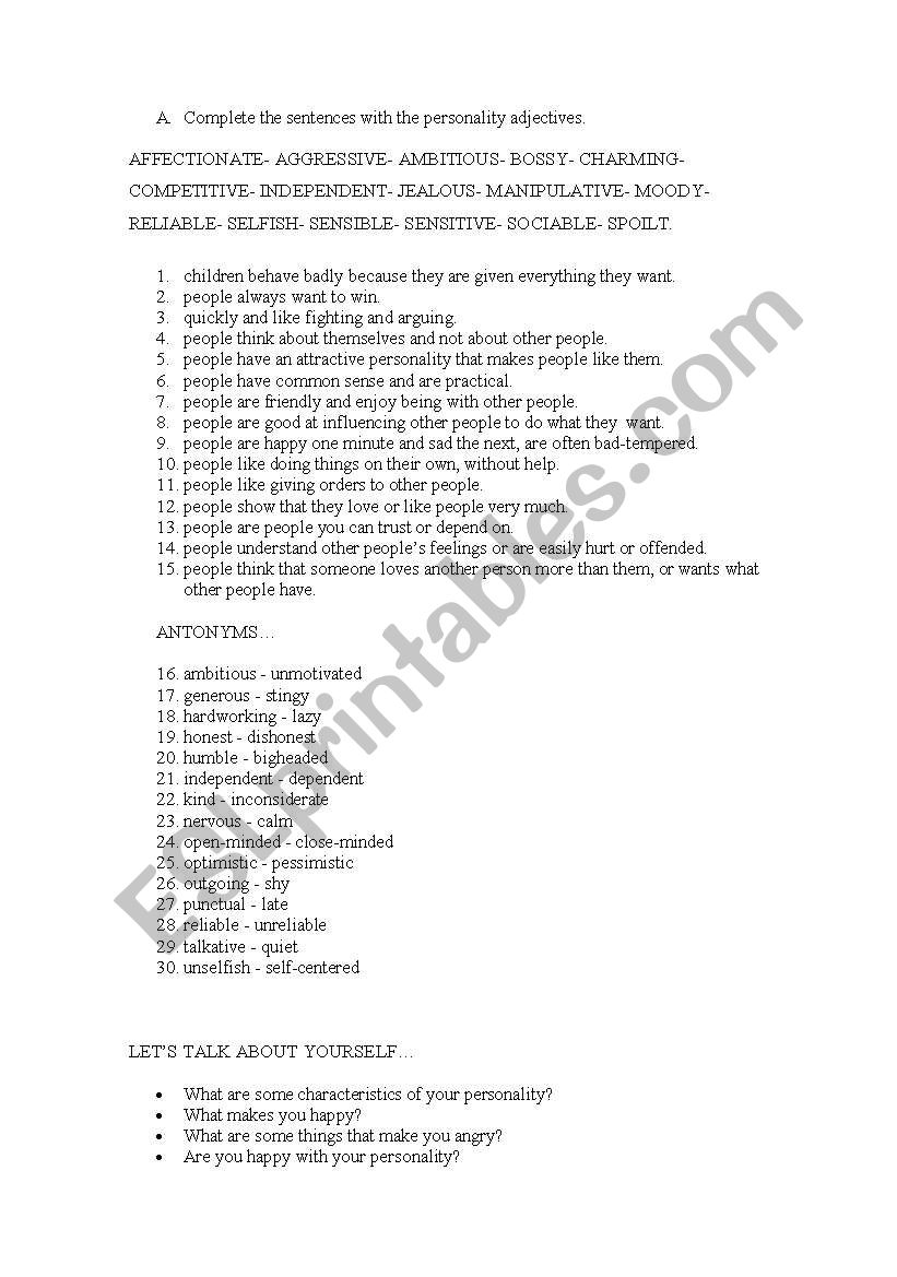 PERSONALITY worksheet