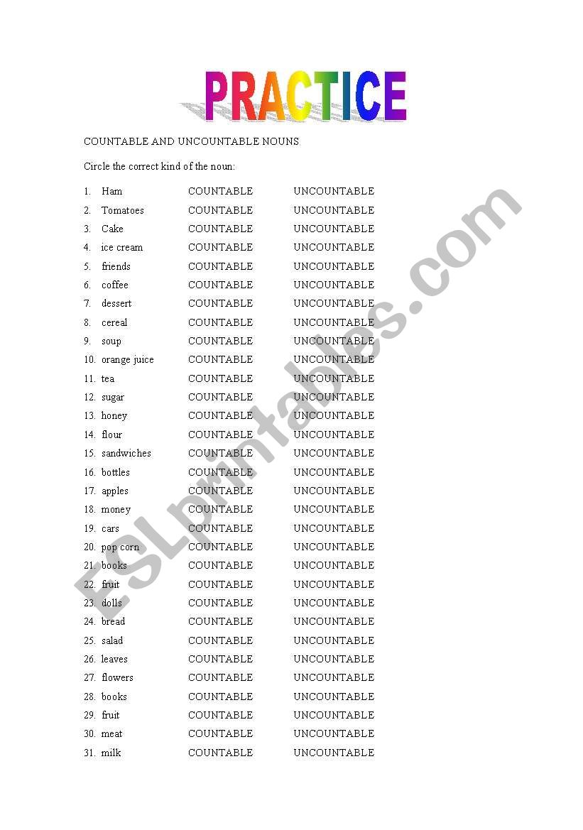 countable and uncountable worksheet