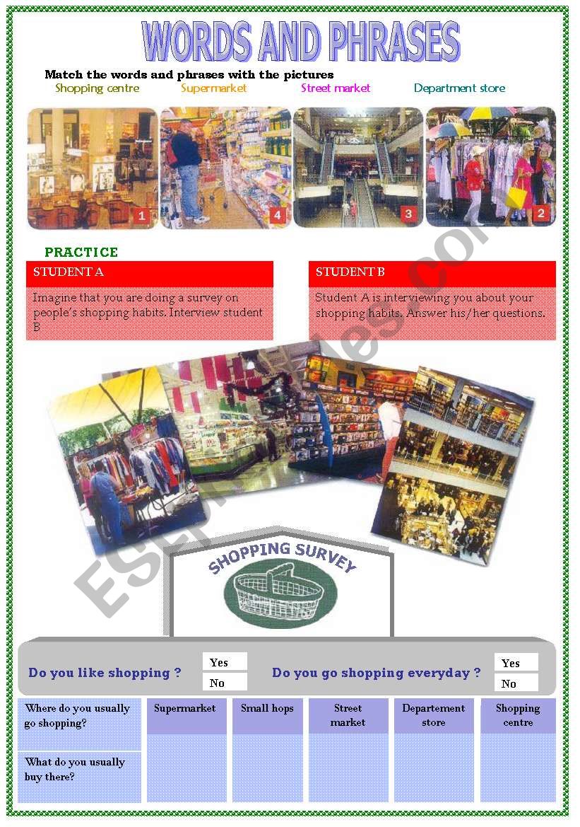 shopping worksheet