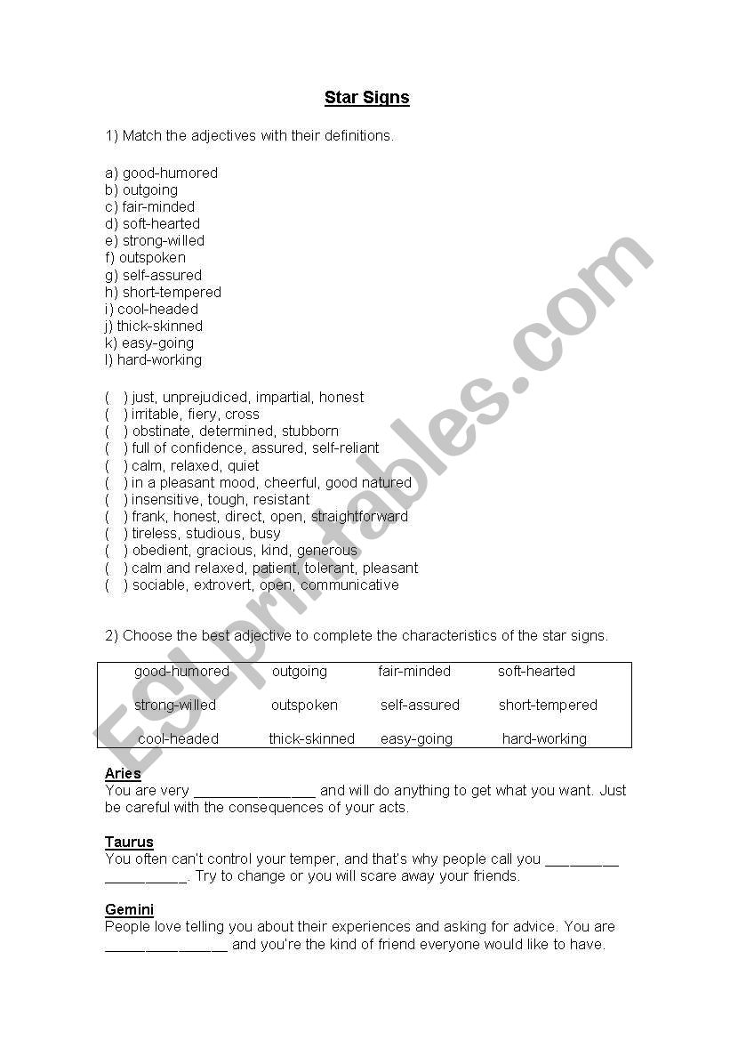 Star Signs + Adjectives worksheet