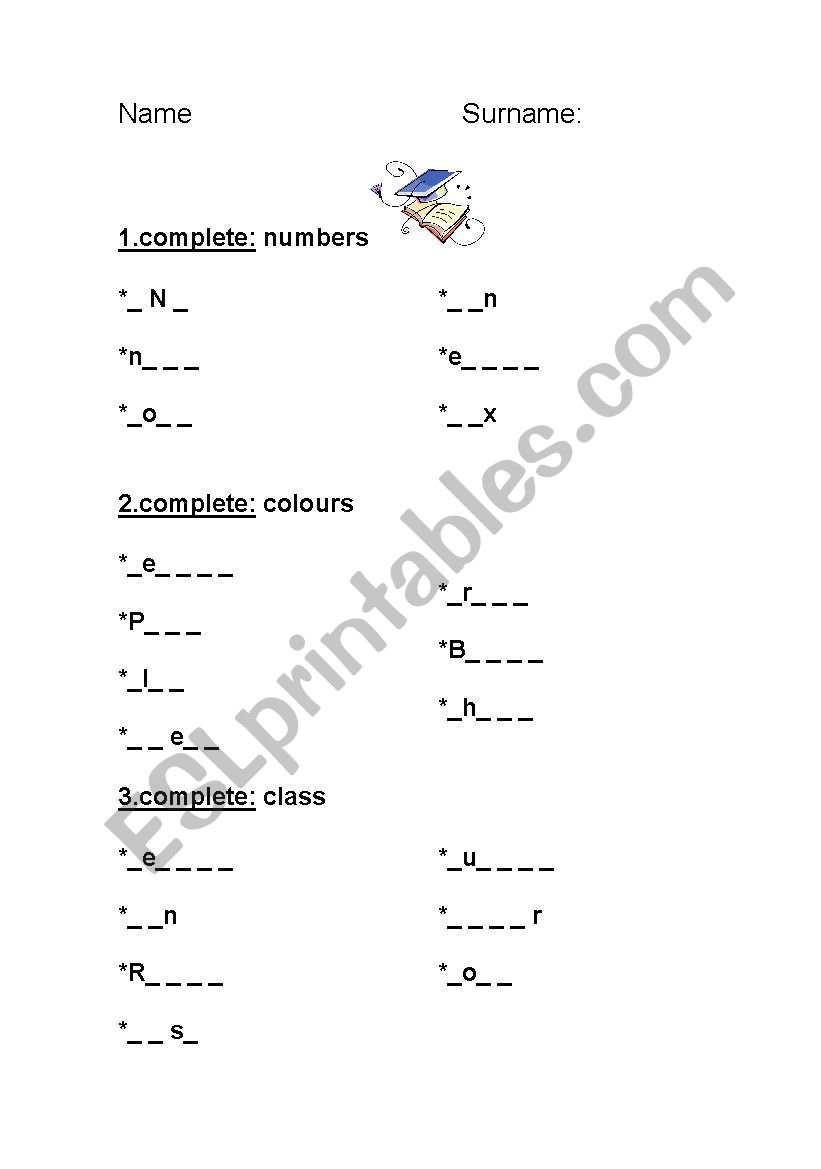 number, colours and class worksheet