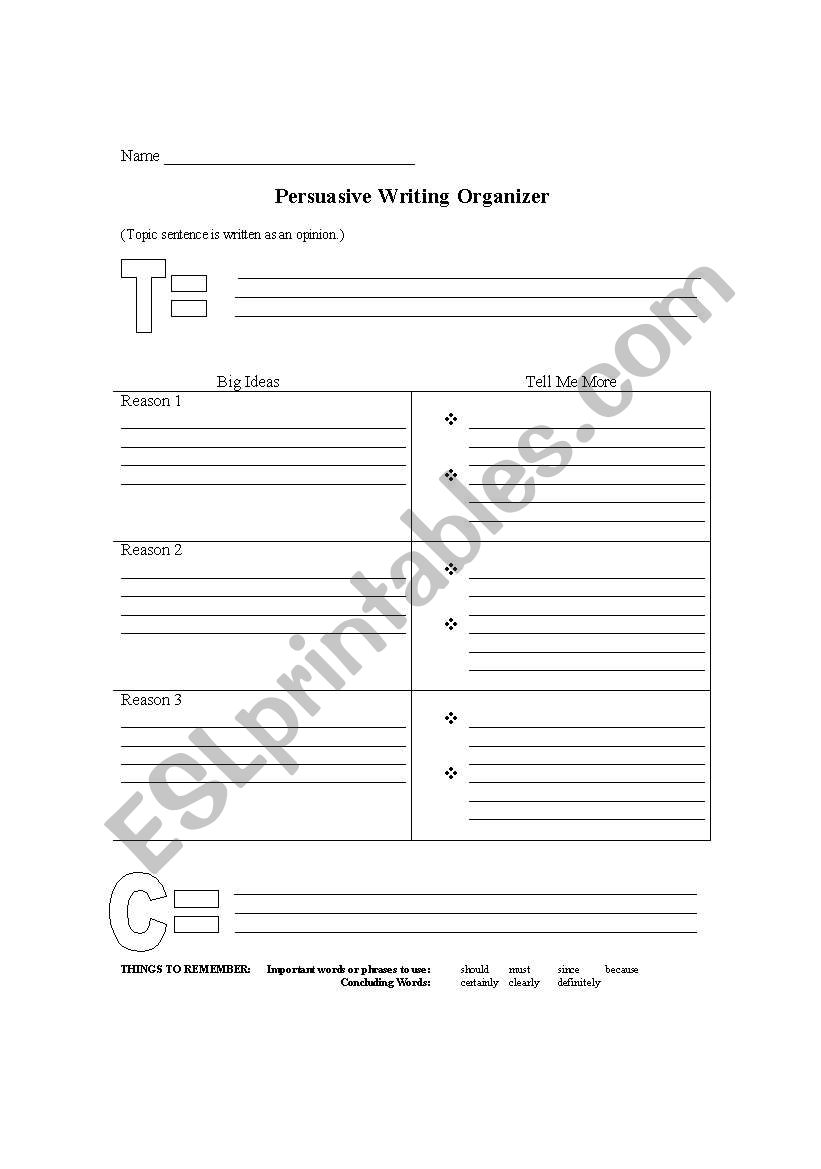 Persuasive Writing Organizer worksheet