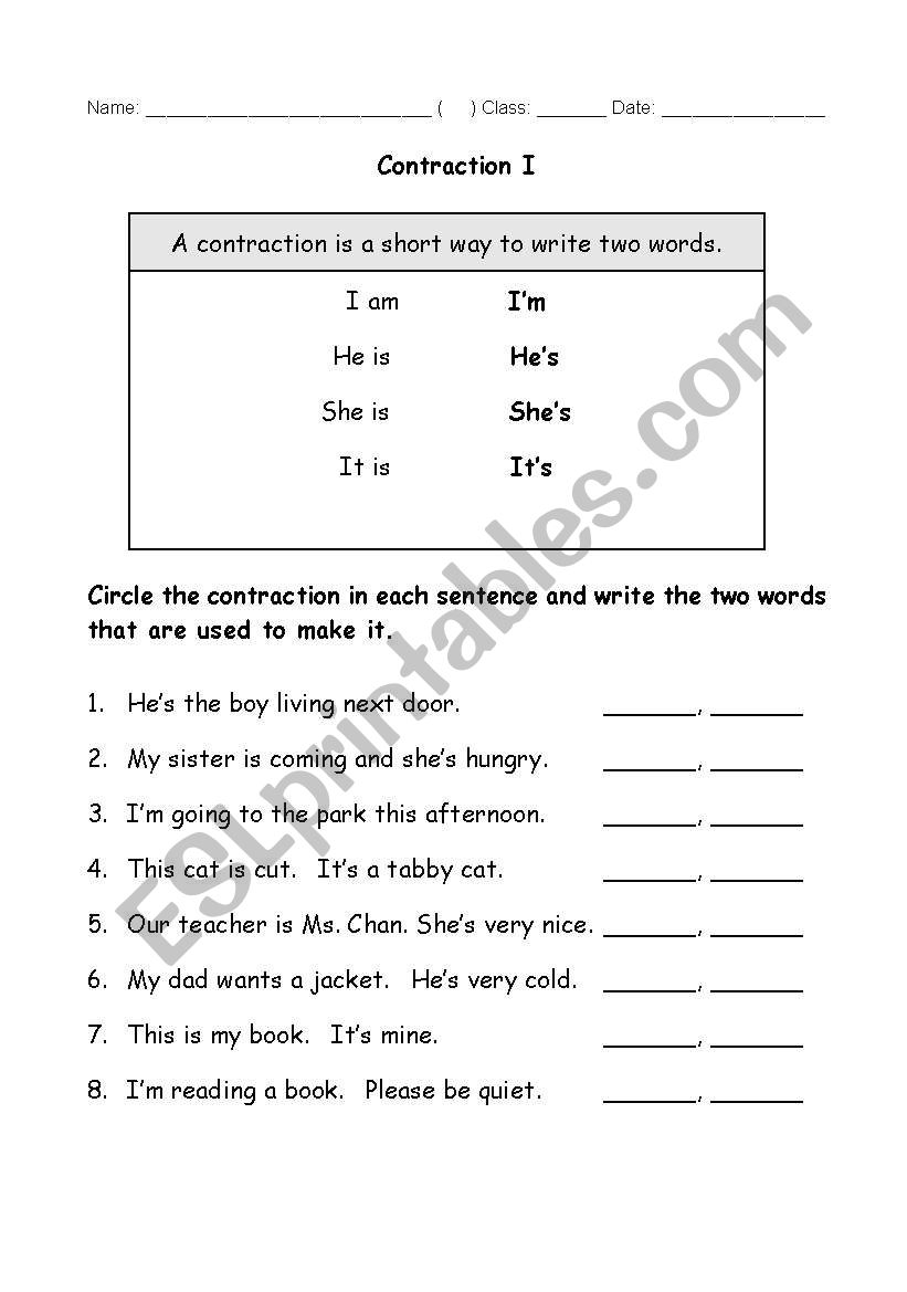 contractions worksheet