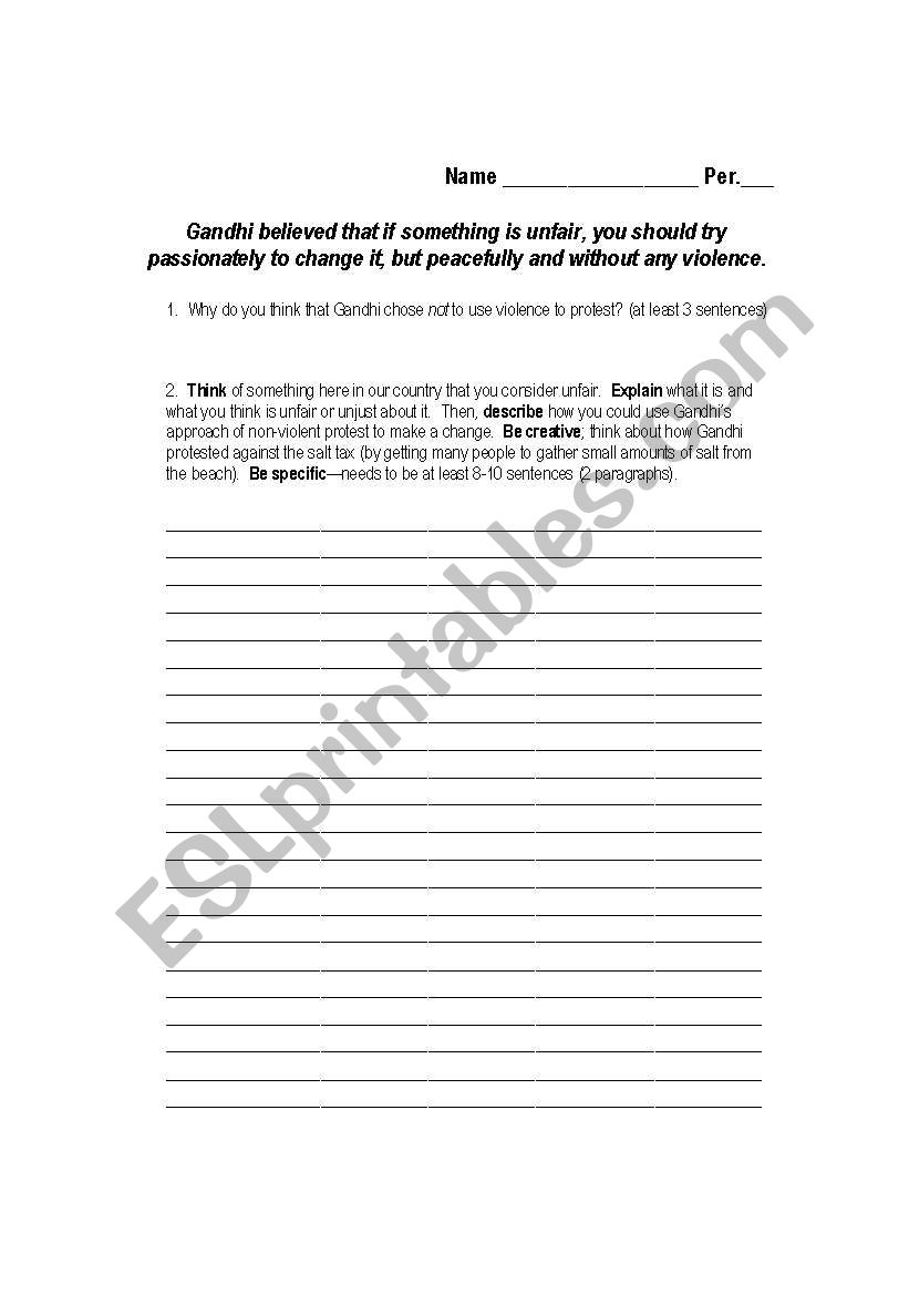 Gandhi Writing Prompt worksheet