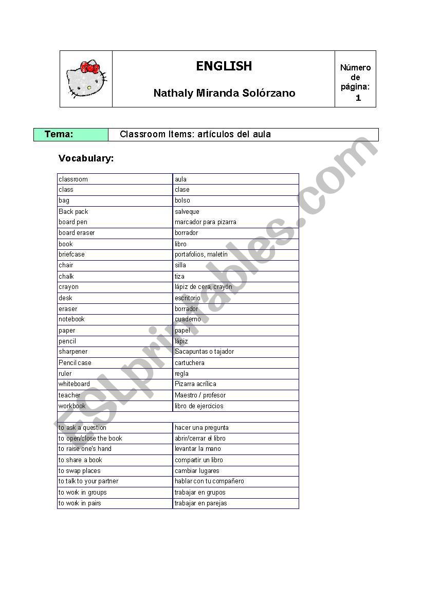 Classroom Items worksheet