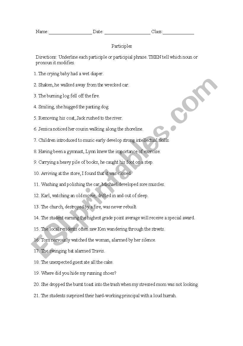 Participles worksheet