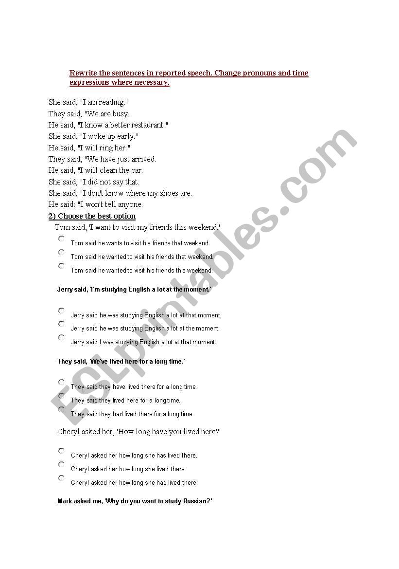 reported speech test worksheet