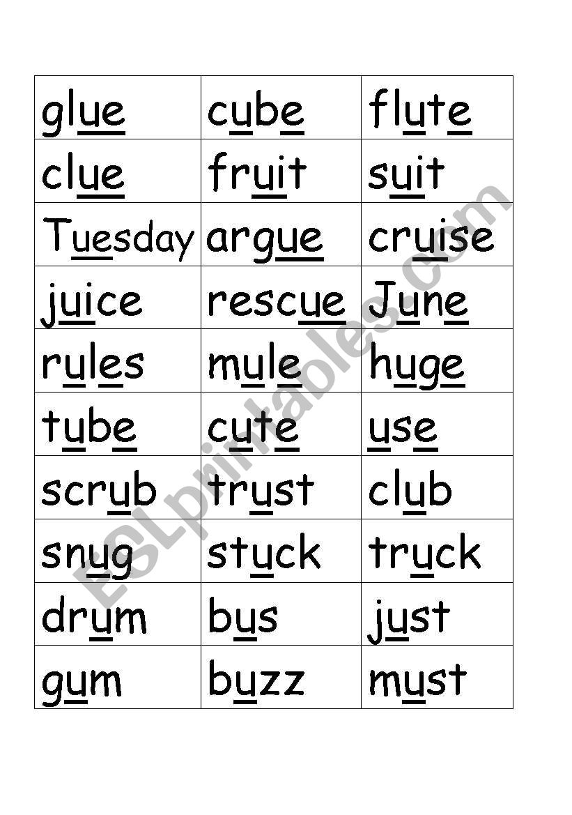 short/long u word cards worksheet