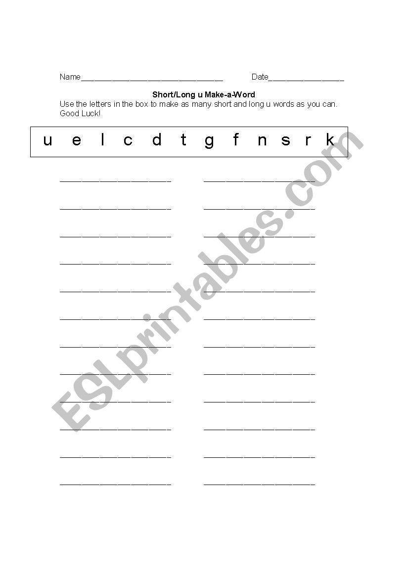 shor u/long u make a word worksheet