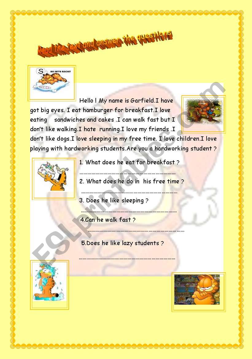 What does Garfield like ? What do you like ? ( 2 pages )