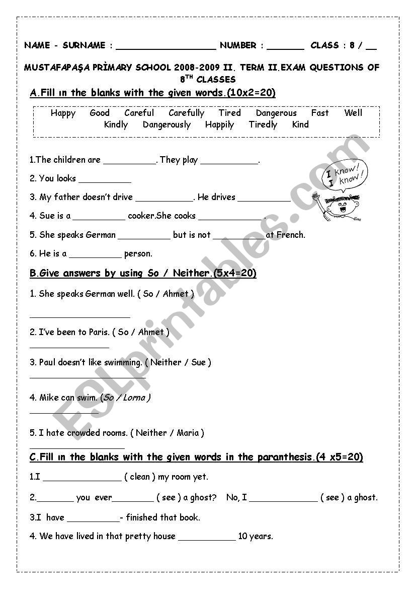 II.Term I.Exam Questions of 8th Classes