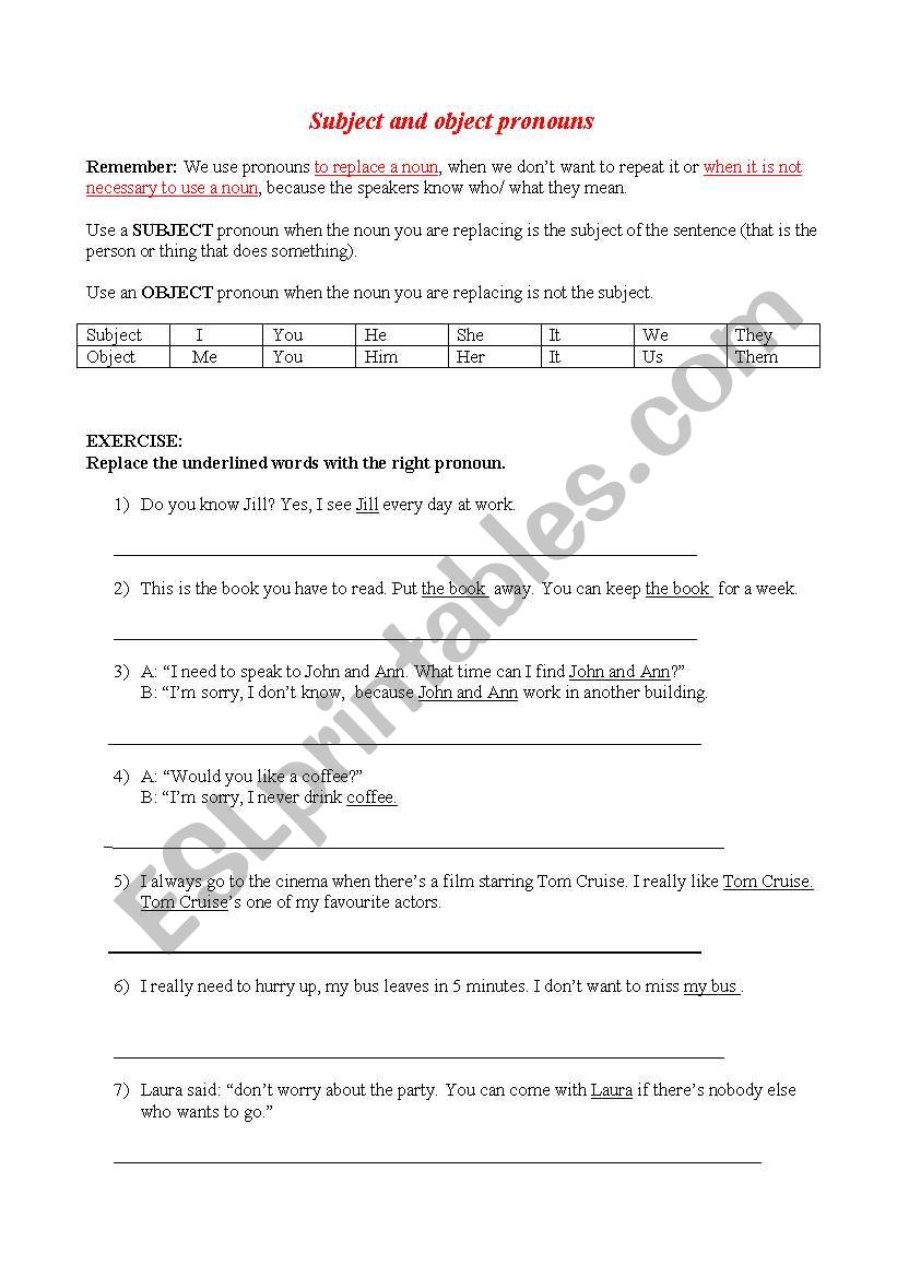 Subject and object pronouns worksheet